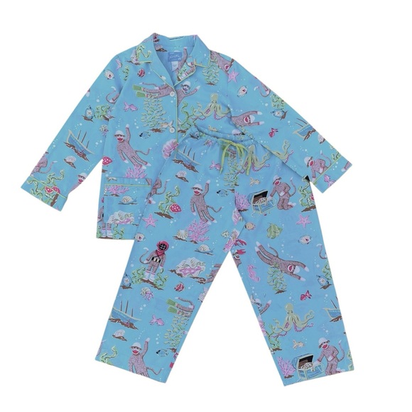Vintage Y2K Nick & Nora Scuba Sock Monkey Cotton Pajama Set Size Small